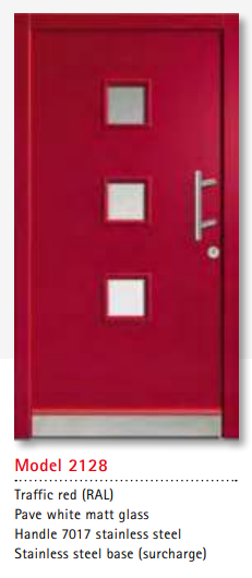 UNILUX Model 2128 Traffic Red Door, Pave White Glass, Stainless Handle, Triple Sealed, Bespoke Modern Timber Door